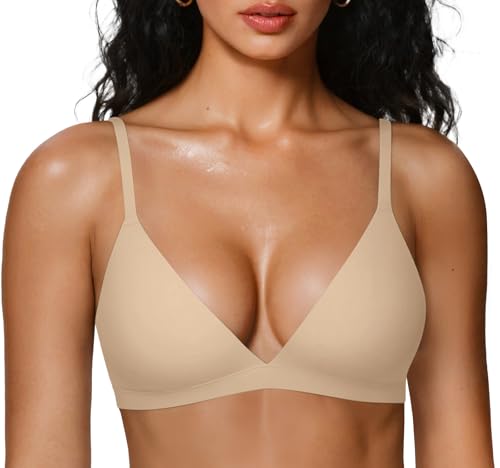 OEAK Womens Comfortable Triangle Bras No Underwire Sexy Plunge Unlined Bralette Pull On Bra Seamless Everyday Tshirt Bras Beige,S