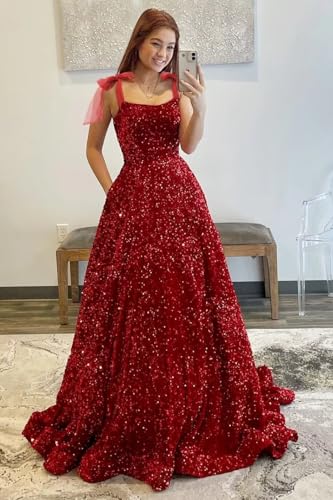 Spaghetti Straps Sparkly Sequin Prom Dresses 2025 Long Bow A-Line Formal Ball Gowns with Pockets RA0604