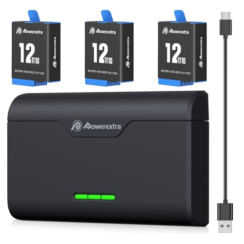 Powerextra Replacement Go Pro Hero 12/11/10/9 Battery 3 Pack 2250mAh go pro hero 10 battery and 3-Channel Type-C/USB Quick Charger Compatible for Go pro Hero 8/9/10 Camera(Comprehensive upgrade)