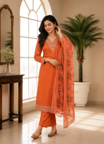 Image of KD Women Embroidery Rayon Kurta Pant Set with Dupatta | Kurta Set for Women | Daily Office & Festive Traditional | Stylish Kurti Pant Set with Dupatta