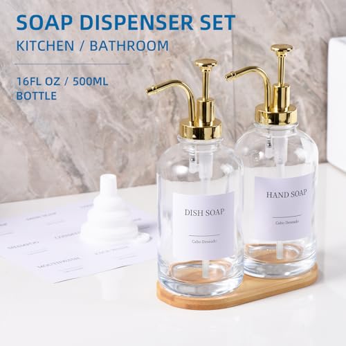 Image of Glass Soap Dispenser with Pump, Dish and Hand Soap Dispenser for Kitchen Bathroom Set, Clear Glass Dispenser Set of 2 Pack with 18 Stickers Funnel Bamboo Tray 500ml 18oz / Each Bottle Gold Pump