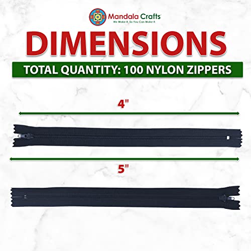 Image of Mandala Crafts 100 PCs Nylon Zippers for Sewing Assorted 4 Inch - Colorful Zippers Replacement Sewing Supplies in Bulk for Tailor, Clothing Repair, and DIY Projects