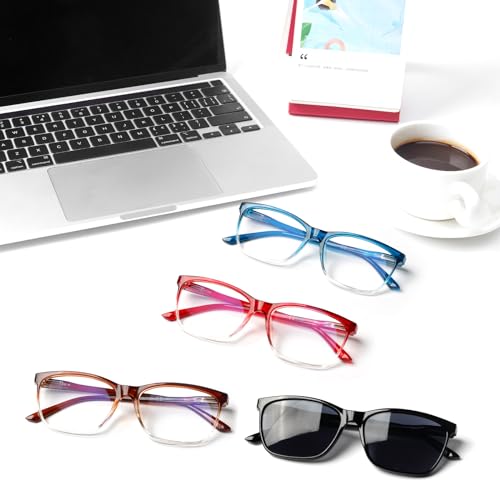 Image of Henotin 4 Pack Ladies Reading Glasses Blue Light Blocking Spring Hinge Readers Anti Eyestrain Computer Eyeglasses (Mix Color, 3.0)