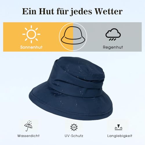 Comhats Damen Faltbarer Regenhut Sonnenhut wasserdichte Mütze mit breite Krempe UPF50+ Schwarzblau