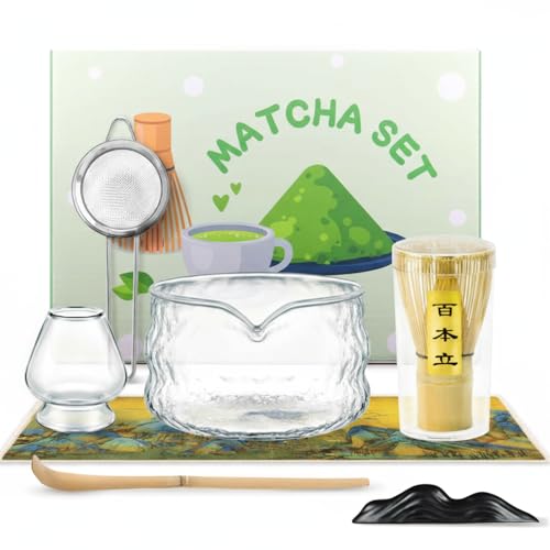 OUTXE Matcha Whisk Set, 7 PCS Matcha Kit for Ceremony, with Clear Matcha Bowl, Spout, Bamboo Whisk& Holder, Stainless Steel Sifter, Japanese Ceremonial Gift for Family/Friend/Macha Lover Starter
