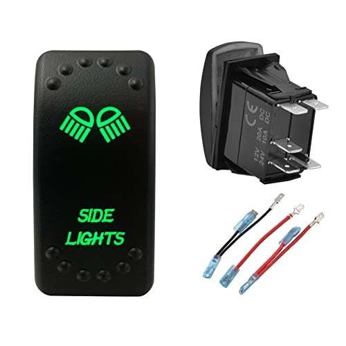 Image of Green Backlit Side Lights Rocker Switch 5 Pin ON-Off Laser Etched Button Switch with Wires for Car Van Truck Marine Boat UTV 20A /12V 10A /24V