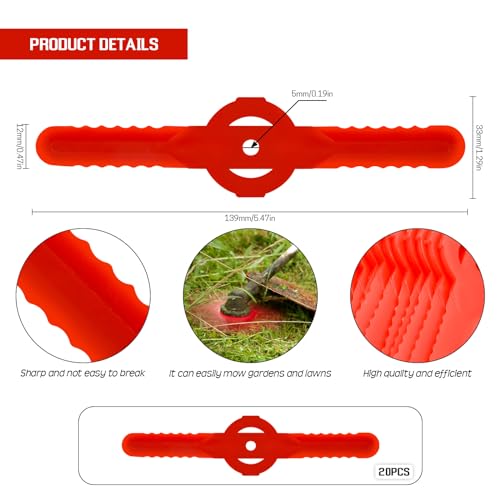Skyzone 20 PCS Plastic Grass Strimmer Blades, 139mm Lawn Mower Blades Garden Mower Replacement Cordless Strimmer Cutting Blades (Red) - Image 2