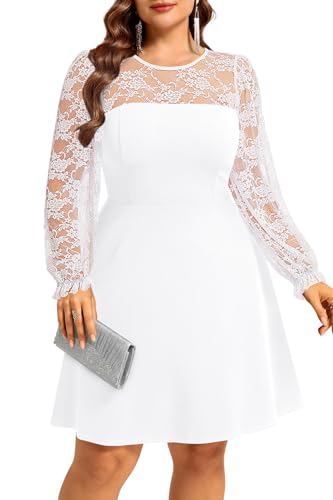 Image of Plus Size Cocktail Dress - Lace Wedding Guest Party Crew Neck Short A Line Dresses Women