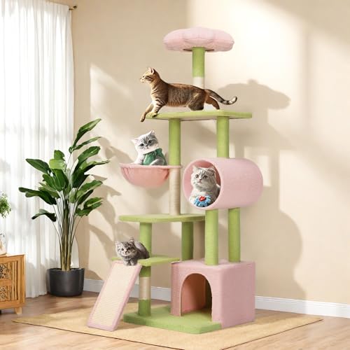 Torre para gatos YITAHOME 65in con flores rosa y verde miniatura 1