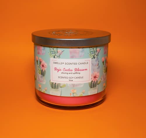 Smells - Premium Soy Wax Round Jar Scented Candle 16Oz. - 100% Cotton 3-Wicks - Fragrance That Eliminates Home And Office Odors: Food, Pets, Smoke And Others (1-Pack, Baja Cactus Blossom) #TOP3