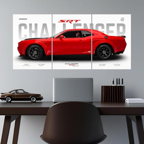 Image of Dodge Challenger Poster Split Design Car Posters | 3 A3 Sized Dodge Challenger Cars Poster for Wall | Large Size (89 x 42 cm) Muscle Cars Wall Decor | Muscle Car Posters for Room (B 039)