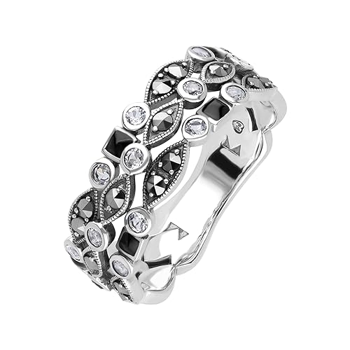 Esse Marcasite - Anello a tripla fila in argento sterling con topazio trasparente e marcasite smaltato nero, Gemma, Topazio bianco