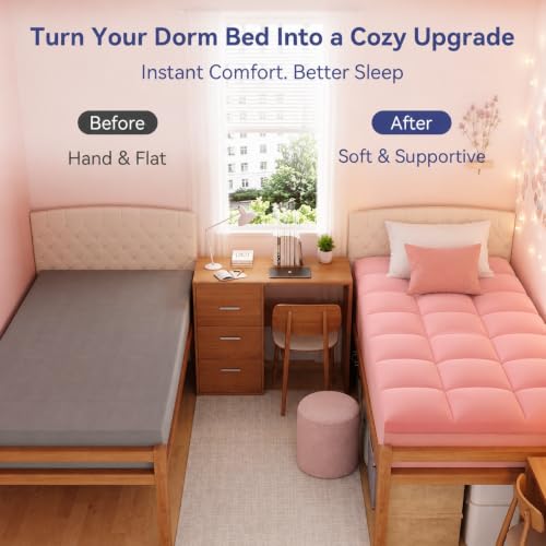Image of ELEMUSE Twin XL Mattress Topper for Dorm, Plush Pillow Top Bed Pad | Pink college dorm essential with plush comfort, designed for Twin XL beds in dorm rooms, and back to school upgrade