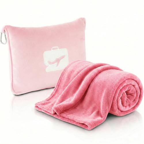 Image of VAS COLLECTIONS Travel Pillow Blanket 2-in-1, Ultra Soft Flannel Blanket with Carry Case, 65x40 Inches, Compact Portable Travel Blanket for Flights, Camping and Travel Comfort (Pink)