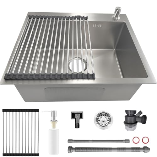 Fregadero de cocina de 60 x 45 cm, empotrable con dispensador de jabón, rectangular, de acero inoxidable, pequeño, 1 cuenco, moderno lavabo de cocina con escurridor, dispensador de jabón