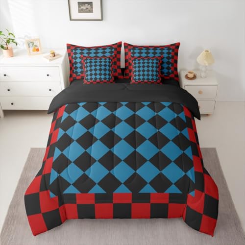 Image of Feelyou Checkered Retro Twin Comforter Set with Sheets for Kids Boys Girls Red Blue Black Plaid 7 Pieces Bedding Set Geometric Vintage Bed in a Bag Modern Simple Groovy Aesthetic Room Decor Soft