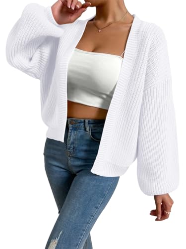 Women's Crop Cardigan Swewater Long Lantern Sleeve Bishop Open Front Ribbed Knit Sweater
