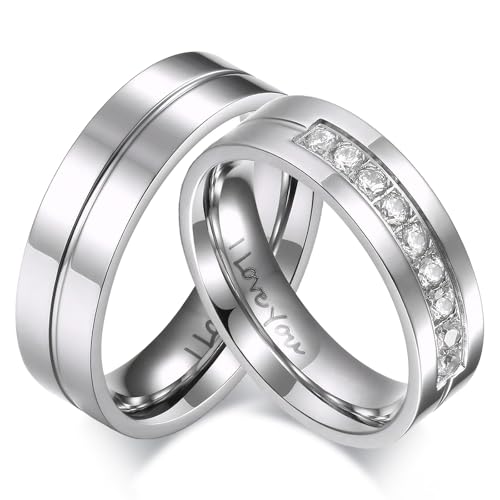 SWOPAN Couple Rings for Him & Her Stainless Steel Matching Promise Ring I LOVE YOU Princess Cut Cubic Zirconia CZ Wedding Engagement Bands for Women Men Lover Bridal Jewelry Comfort Fit Women Size 7
