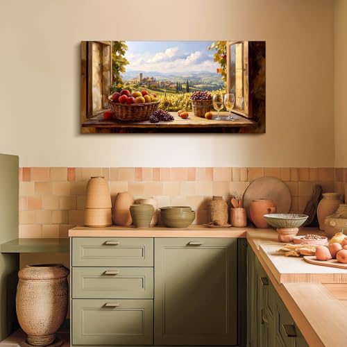 crmotu Faux Window Rustic Wall Art, Fruit Harvest Kitchen Wall Decor, Vineyard Landscape Large Art Prints, Orchard Beyond the Windowsill Pictures for Living Room Dining Room Bedroom 24x48 Inch