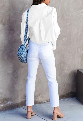 INFITTY Button Down Shirts for Women Long Sleeve Casual Crop Tops Solid Lapel Blouse Shirt with Pocket2