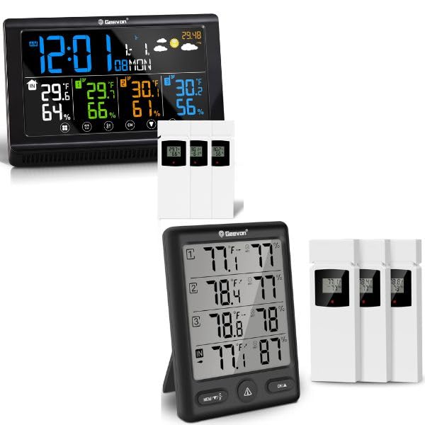 Geevon Termómetro para interiores y exteriores, estación meteorológica con 3 sensores remotos, higrómetro digital para interiores, medidor de