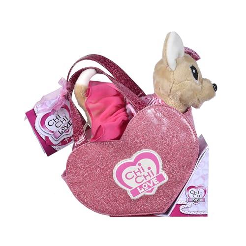 Simba Chi Chi Love is in The Air, Chihuahua Plüschhund mit süßen herzlichen Kleid und Schleife, in Glitzerherztasche, 20cm, ab 3 Jahre