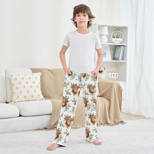 Highland Cow Leaves Pajama Pants Soft Sleep Bottoms Long Pjs S4