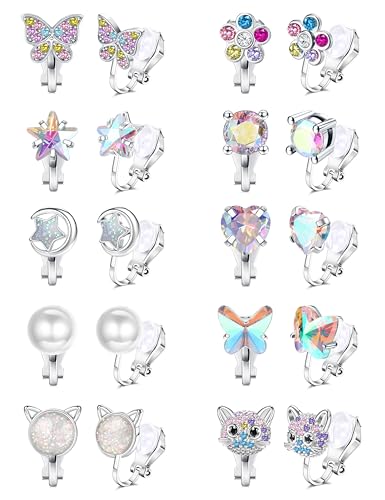 Thunaraz 10 Pairs Clip on Stud Earrings Non Pierced Butterfly Flower Pearl CZ Clip on Earring for Girls Women Hypoallergenic Non Pierced Earrings Set for Girls
