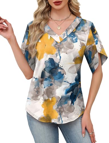 Image of WIHOLL Womens Summer Tops Short Petal Sleeve Shirts Fashion V Neck Womens Clothing