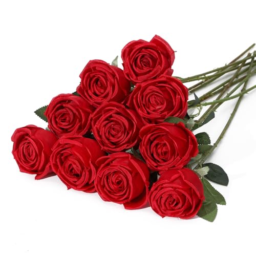 LEUCHTAMOR 10 rose artificiali rosse, rose finte realistiche, per bouquet di nozze fai da te, centrotavola, composizioni floreali, tavoli per feste, decorazioni per la casa