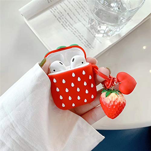 Bontoujour Case Compatible With Airpods 1/2, Super Cute Creative Lovely Delicious Fruit Red Strawberry Shape Case, Soft Silicone Earphone Protection Skin + Strawberry Pendant Keychain #TOP3