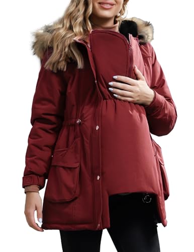 Image of Maacie Maternity Winter Coat,3 In 1 Thickened Jacket,Fleece Lined Warm Hooded Outwear With Pockets