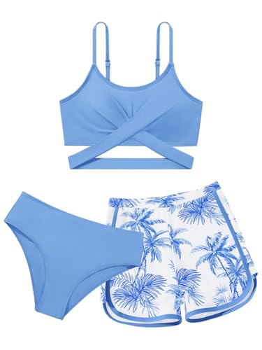 Image of Girl's 3 Piece Bikini Set Cross Strap Swimsuits for Girls Bathing Suit with Shorts Teen Swimwear Swimming Suit