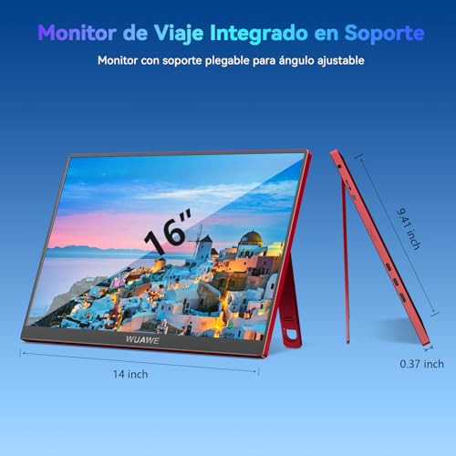 Image of WUAWE 16 inch Portable Laptop Monitor, 100% sRGB Portable Gaming Monitor with Built-in Stand, HDR and Freensync, External USB C Monitor for Laptop, PC, Phone, Switch and PS5(Red)