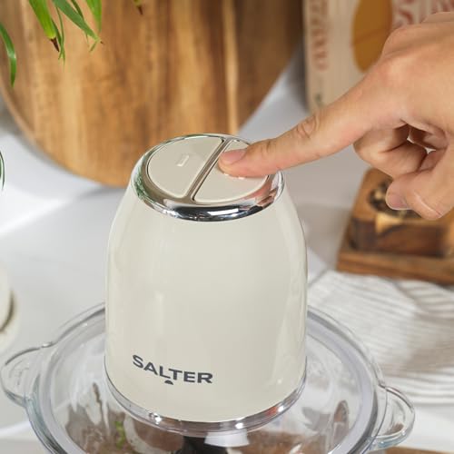 Salter Retro Cream Food Chopper - Electric 1.2 Litre, 2 Speed Settings, Dual Stainless Steel Blades, Anti-Slip Base, Make Dips, Salsa, Dressings, Fruit, Hummus & More, Baby Food Blender, 500 W