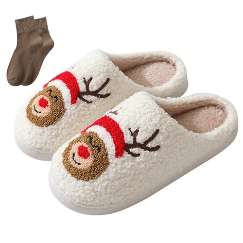 BOOUKILE Christmas Slippers for Women Men, Retro Soft Cozy Comfy Plush Lightweight House Slippers, Slip-on Anti-Skid Sole
