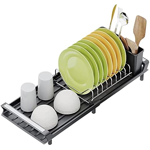 OROPY Expandable Dish Drainer, Small Compact Dish Drying Rack with Utensil Holder, Stainless Steel Space-saving Sink Drainer with Sloping Drainboard and Non-slip Feet ( Black ) Cover