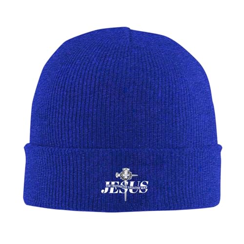 Jesus The Way Truth Life Cross Nails Knit Beanie Hat for Men Women Printed Funny Pattern Skull Cap Warm Elastic Skiing Cuff Hats City Walk Gift Blue