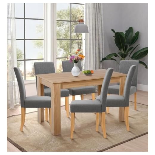 Hallowood Furniture Newquay Oak Dining Table and Chairs Set 6, 120cm Fixed Top Kitchen Table and Chairs with Straight Back and Grey Linen Fabric Upholstery, Dining Room Sets for Home and Café