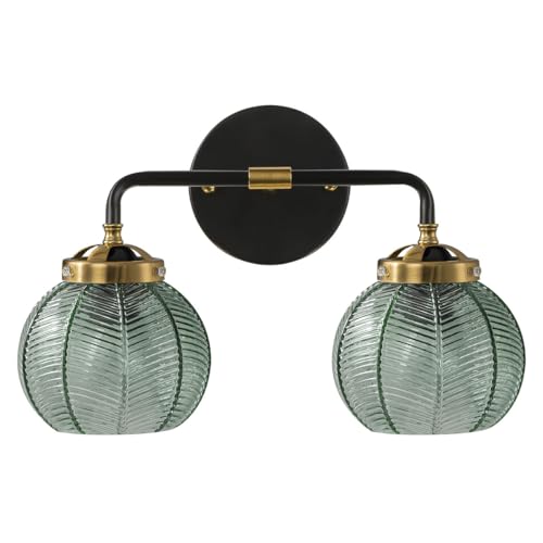 Image of Mid Century Vintage Bathroom Vanity Light 2-Head Green Glass Sconce | Wall Lamp, Wall Sconce, Black, Ribbed Glass Orbs, Light Fixture, Entryway, Doorway, Powder Room, Easy Install, 2-Light, E26