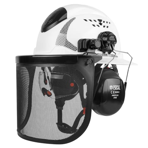 GREEN DEVIL Industrial Chainsaw Helmet with Face Shield Built in Visor and Ear Muffs 4 in 1 System ANSI Z89.1 Safety Hard Hat Adjustable Headgear Ideal for Forestry and Arborist Work Full Brim Style