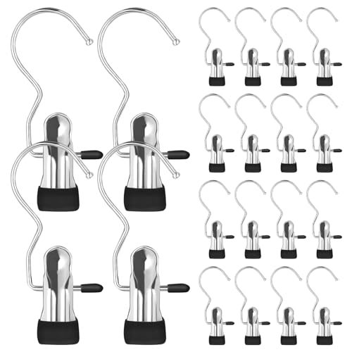 OVBOVA 20Pcs Stainless Steel Laundry Hook Clips, 360° Rotatable Clothes Pegs for Home Closet, Travel Camping, Hanging Coats Hats Towels Socks Boots (Pack of 20)