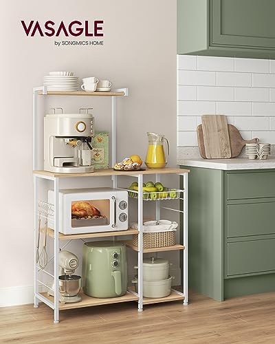 Image of VASAGLE Baker's Rack, Microwave Stand, Kitchen Storage Rack with Wire Basket, 6 Hooks, and Shelves, for Spices, Pots, and Pans, Golden Oak and Cloud White UKKS035W09