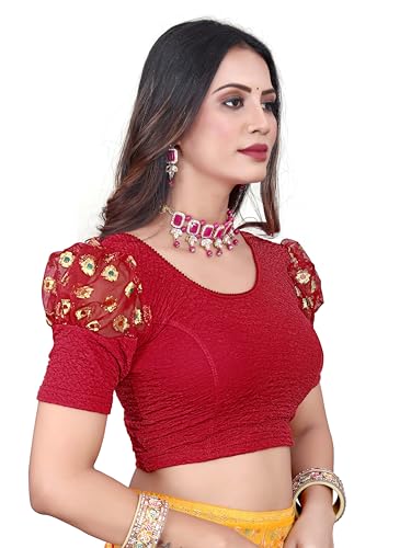 Image of Shreeji Designer Round Neck Cotton Lycra and Net Fabric Fully Stretchable Baloon Sleeve Designer Readymade Blouse for Women