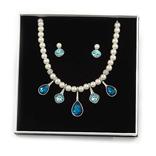 Collar de perlas de imitación blancas cristales azules pendientes tuerca plateados 4