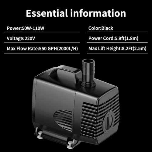 Image of 550GPH Submersible Pump 50W Ultra Quiet Fountain Water Pump, 2500L /H, with 8.2ft High Lift, 3 Nozzles for Aquarium, Fish Tank, Pond, Hydroponics, Statuary(Black)