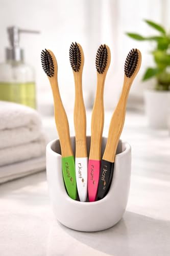 Image of R.Kant Pack of 4 Bamboo Toothbrush for Adults | White, Black, Olive, Pink | Natural & Biodegradable | Soft Bristles for Sensitive Gums | Zero-Waste Eco Toothbrush