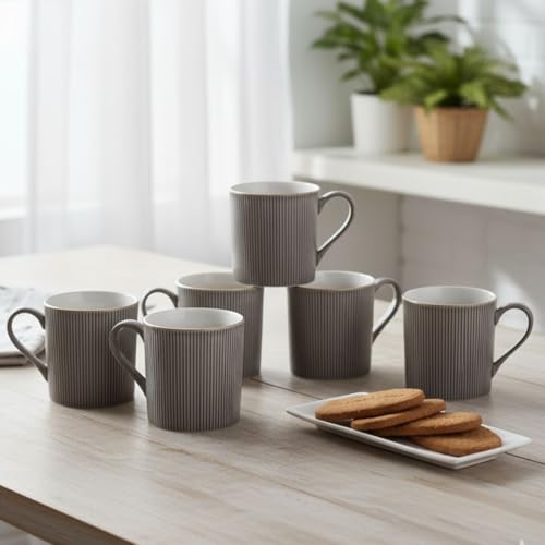 Image of Clay Craft Premium Fine Ceramic Coffee & Tea Mug Set with Elegant Gold Line Rim| Modern Ribbed Grey Finish| Durable Build| Stylish Design for Home| Office & Gifting (240 Ml)