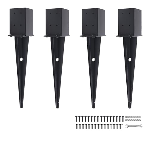 Nrspp 4 Pcs 4 x 4 Fence Post Anchors Ground Spike (Actual 3.6 X 3.6)Heavy Duty Metal Fence Stakes Post Base 22 with Black Powder Coated Support for Mailboxes Fences Trellis Posts Banners.