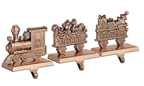 Wenfome Set Of 3 Stocking Holders - Christmas Train Stocking Hangers For Mantel - Red Bronze Metal Christmas Stocking Holders For Fireplace Mantle - Heavy Stocking Holder For Mantle With Hook #TOP7